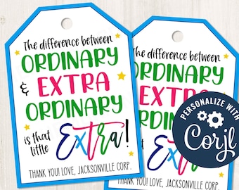 May include: Two blue and white gift tags with the text "The difference between ORDINARY & EXTRA ORDINARY is that little extra!" and "PERSONALIZE WITH Corjl" with a blue gear icon. The tags have a blue border and are decorated with stars.