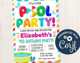 May include: A colorful invitation for a 9th birthday pool party. The invitation features a pool, a beach ball, and the text "It's a Cool Pool Party! Come Splish and Splash for Elizabeth's 9th Birthday Party!"  The invitation also includes the date, time, and location of the party.