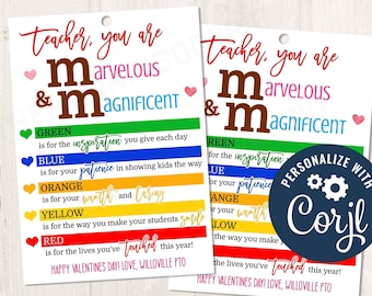 Printable/Editable You are Marvelous and Magnificent Chocolate Valentines Day Gift Tag for Teachers PTO Staff Admin Coworkers,CORJL Template