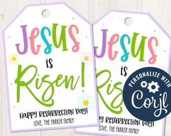 Puede incluir: Dos etiquetas de regalo de Pascua imprimibles en un esquema de color morado, blanco y verde. Las etiquetas presentan el texto "¡Jesús ha resucitado!" con flores coloridas y las palabras "¡Feliz Día de Resurrección!" y "Con amor, la familia Parker". Una etiqueta tiene un círculo azul con el texto "Personalizar con Corjl" en blanco.