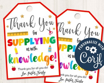 Printable/Editable School Supplies Thank You Appreciation Gift Tag for Teachers Staff PTO PTA Back to School, CORJL Template