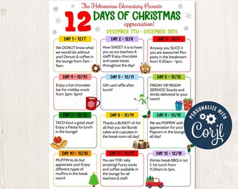 May include: A colorful printable chart with a festive Christmas theme. It lists 12 days of Christmas activities for teachers and staff, with dates and descriptions for each day. The chart is decorated with snowflakes, stars, and Christmas-themed icons.