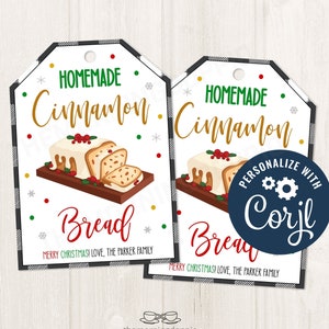 Etiquetas de regalo navideñas de pan de canela casero imprimibles/EDITABLES, ideas de etiquetas de regalo de dulces de panadería navideña casera, plantilla CORJL