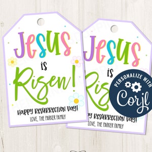 Afdrukbare/bewerkbare Jezus is opgestaan Celebration Church Gathering Communie Gift Tag, CORJL-sjabloon