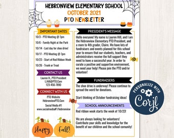 May include: A purple and white newsletter for Hebronview Elementary School's PTO. The newsletter includes important dates, contact information, fundraising information, and school announcements. The newsletter has a Halloween theme with pumpkins, bats, and spiderwebs.