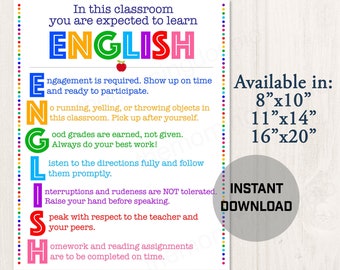 Printable English Classroom Rules Poster Decor Decoration, Language Arts Teacher Classroom Ideas -- E01
