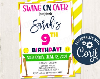 May include: A yellow and white striped baseball-themed birthday party invitation for a 9th birthday. The invitation says "Swing on Over to celebrate Sarah's 9th Birthday!" with a baseball bat and ball graphic. The date is Saturday, June 12, 2021. The invitation also includes the time, location, and RSVP information.