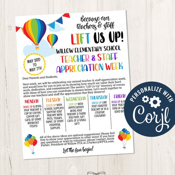 Printable/Editable Lift Us Up Teacher Staff Appreciation Week Parent Guardian Letter PTO Schedule of Events Itinerary, CORJL Template - LFT1