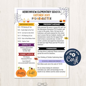 Editable October PTO PTA Newsletter Flyer Printable, School Year Parent Calendar Meeting Agenda Template, Fall PTO Flyer Printable - PT1