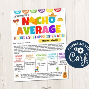 Fiesta Nacho imprimible/editable Tema promedio Carta a los padres Semana de agradecimiento al personal y maestros Horario del itinerario de la PTA de la PTO, plantilla CORJL-FS1