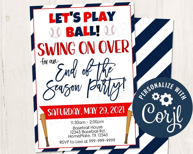 Baseball End of the Season Party Invitation Digital Editable Template Sports Team Party Template