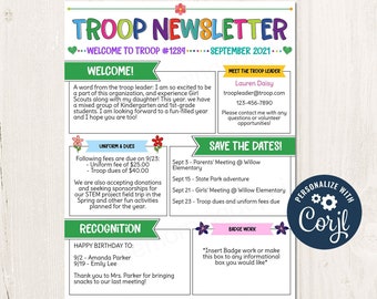 Plantilla de boletín de tropas imprimible/editable, plantilla de boletín de eventos semanales, formulario de boletín para padres, formulario de carta escolar, plantilla CORJL