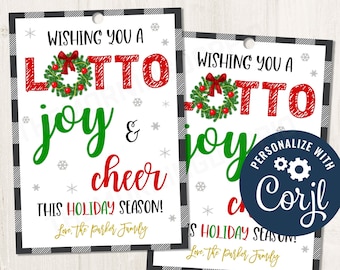 Printable/Editable Wishing You LOTTO Joy and Cheer Christmas Gift Tag, Teacher Staff Admin Employee Holiday Gift Tags, CORJL Template