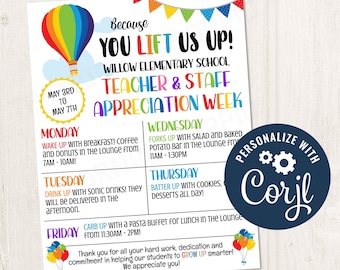 Printable/Editable You Lift us UP All Teacher and Staff Appreciation Week Itinerary Poster Schedule Events PTO, CORJL Template - LFT1