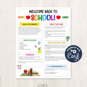 Boletín de regreso a clases imprimible/editable, Plantilla de boletín de puertas abiertas de nota para padres de bienvenida de regreso a la escuela, plantilla CORJL