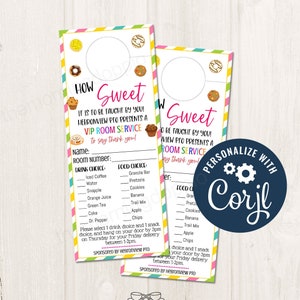 Puede incluir: Colgador de puerta con un diseño colorido, con las palabras "How Sweet" y "VIP Room Service". Incluye secciones para elegir bebidas y alimentos, con ilustraciones de donuts y galletas. El texto dice "Personalize with Corjl."