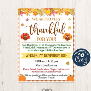 Thanksgiving Fall Appreciation Luncheon Flyer Invitation Gratitude Flyer for Teachers Nurses Employees Appreciation Week, CORJL Template