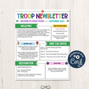 Plantilla de boletín de tropas imprimible/editable, plantilla de boletín de eventos semanales, formulario de boletín para padres, formulario de carta escolar, plantilla CORJL
