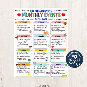 Printable/Editable PTO PTA Monthly Events Template, Pto/pta Parent Volunteer Newsletter Calendar Seasonal Events Flyer, CORJL Template
