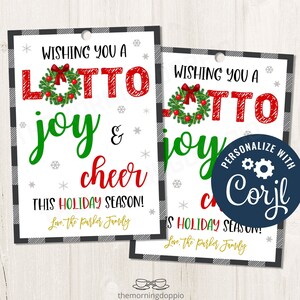 Imprimible/Editable Deseándole LOTTO Joy and Cheer Etiqueta de regalo de Navidad, Etiquetas de regalo de vacaciones para empleados administrativos del personal docente, Plantilla CORJL