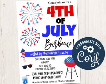 4th of July Barbecue Party Invite Template, Neighborhood Backyard fourth of July Barbecue Swimming Pool Party Template, CORJL Template