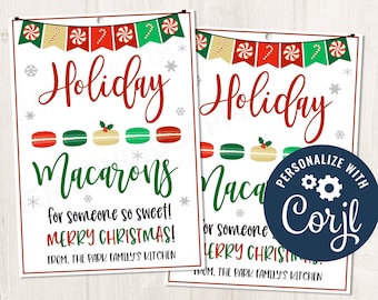 Printable/Editable Holiday Christmas New Years Macarons Gift Tag, Homemade Macaron Holiday Bakery Cookie Christmas Gift Tags, CORJL Template