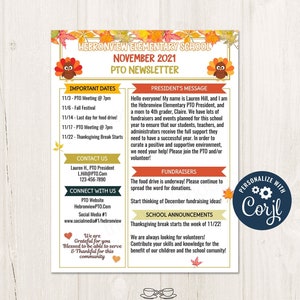 Editable November PTO PTA Newsletter Flyer Printable, School Year Parent Calendar Meeting Agenda Template, Fall PTO Flyer Printable - PT1
