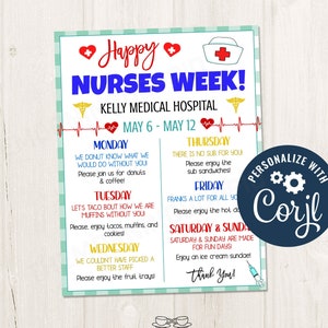 Printable/editable Happy Nurses Week Nurse Appreciation Week Itinerary ...