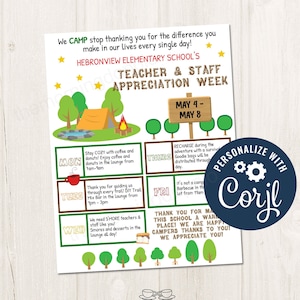 Printable/Editable Camp Outdoor Theme Parent Letter Teacher Staff Appreciation Week PTO PTA Itinerary Schedule, CORJL Template - CMP1