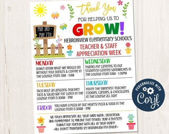 May include: A colorful printable teacher appreciation week schedule with a garden theme. The schedule includes events for each day of the week, from Monday to Friday, with activities like donuts and coffee, catered lunches, and pizza parties. The text "Thank You for Helping Us to Grow!" is at the top of the schedule.