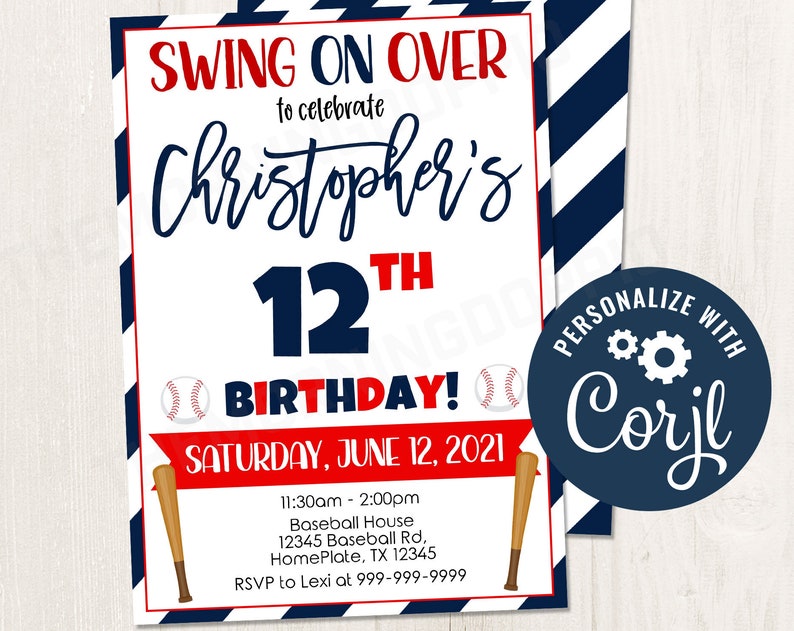 Baseball Birthday Party Invitation Digital Editable Template Swing on Over Baseball Team Invite for Any Age Party Invite