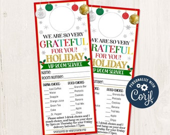 Printable/Editable VIP Room Service Christmas Holiday Thankful Theme Door Hanger for teacher staff appreciation week pto/pta, CORJL Template