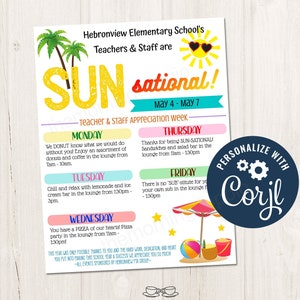Printable/Editable Sun-sational Theme Teacher and Staff Appreciation Itinerary Flyer Poster Schedule Events PTO PTA, CORJL Template - SU1