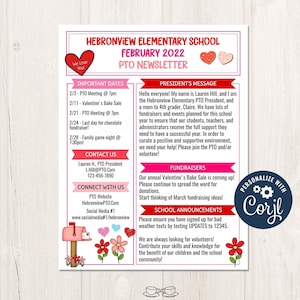 Editable February PTO PTA Newsletter Flyer Printable, School Year Parent Calendar Meeting Agenda Template, Winter PTO Flyer Printable - PT1