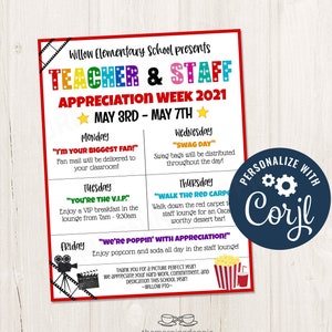 Printable/Editable Movie Theme VIP Star Teacher and Staff Appreciation Week Itinerary Poster Schedule Events PTO, CORJL Template - MV1
