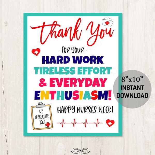 Printable Thank You for All You Do Hard Work Dedication Nurse Appreciation Week Sign Immediate Instant Download