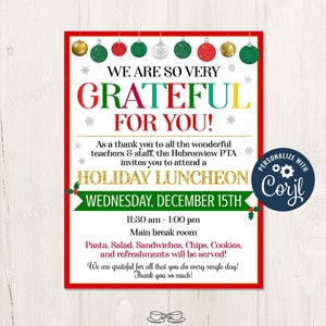 Holiday Christmas Luncheon Appreciation Luncheon Flyer Invitation Gratitude Flyer for Teachers Nurses Employees Appreciation, CORJL Template
