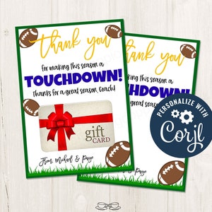 Titular de tarjeta de regalo de fin de temporada de entrenador de fútbol imprimible/editable para regalos de agradecimiento de fin de temporada de fútbol deportivo, plantilla CORJL