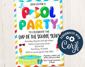 Puede incluir: Una invitación colorida para una fiesta en la piscina para celebrar el final del año escolar. La invitación presenta una piscina, una pelota de playa, gafas de sol, paletas de hielo y chanclas. El texto dice "¡Únete a nosotros para una fiesta en la piscina para celebrar el final del año escolar!" Sábado, 29 de mayo de 2021 a la 1:30 pm Willow Community Center 1234 W. Rd. Pool Party, TX 12345 RSVP a Lauren al 123-456-7890 ¡Se proporcionarán paletas de hielo, galletas y bebidas! *¡No olvides el protector solar y la toalla!"