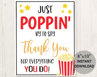 Afdrukbare Poppin door om dank te zeggen Popcorn Appreciation Sign, Thank You Sign voor leraren Verpleegkundigen Essentiële werknemers Stafmedewerkers
