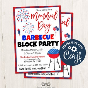 Memorial Day BBQ Block Party Invitation, Neighborhood Party Fourth of July Independence Day Backyard Summer BBQ Invite, CORJL Template