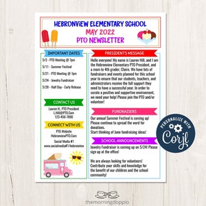 Editable May PTO PTA Newsletter Flyer Printable, School Year Parent Calendar Meeting Agenda Template, Spring/Summer PTO Flyer Printable- PT1