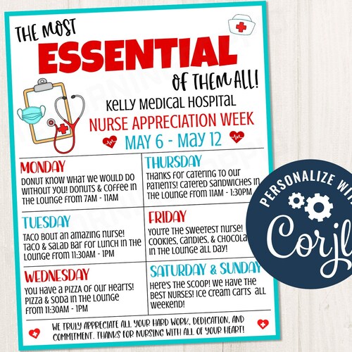 Nurse Appreciation Week Itinerary Template Heart Medical Etsy
