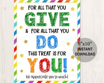 Printable Treat Snack Bar Appreciation Thank You Sign for Teachers Nurses Employees Staff PTO Volunteers Frontline Workers Appreciation