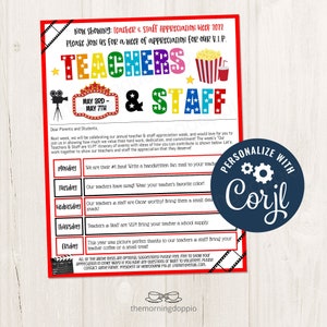 Printable/Editable Hollywood VIP Movie Theme Parent Letter Teacher Staff Appreciation Week PTO PTA Itinerary Schedule, Corjl Template - MV1