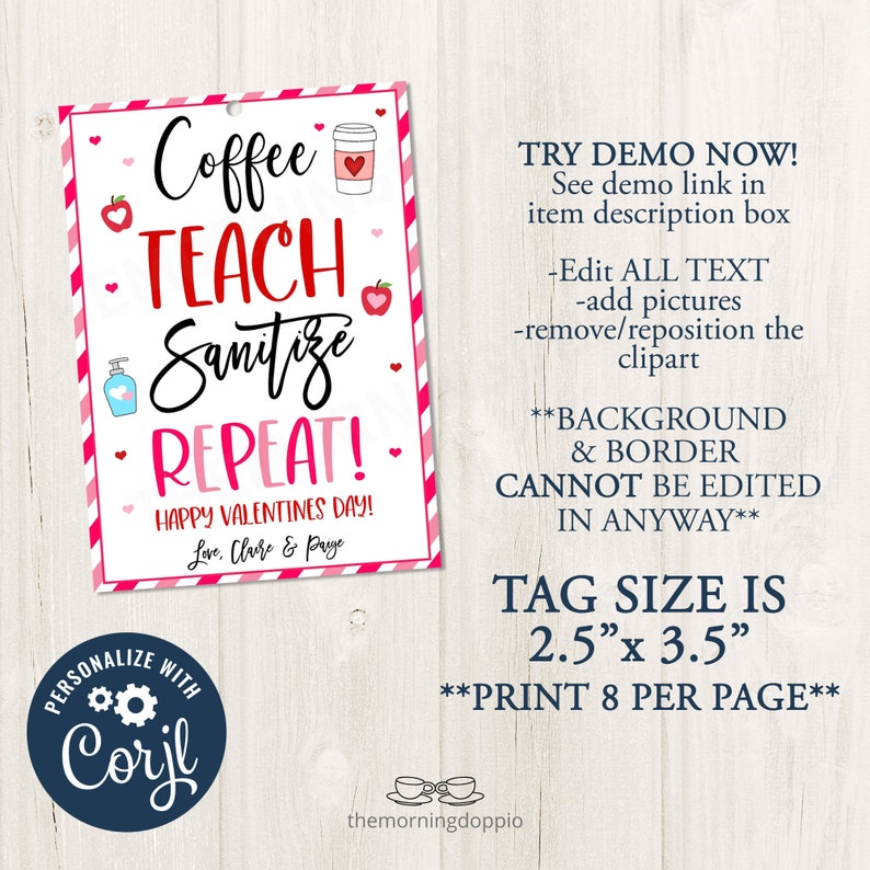 Printable/editable Coffee Teach Sanitize Repeat Valentines Etsy