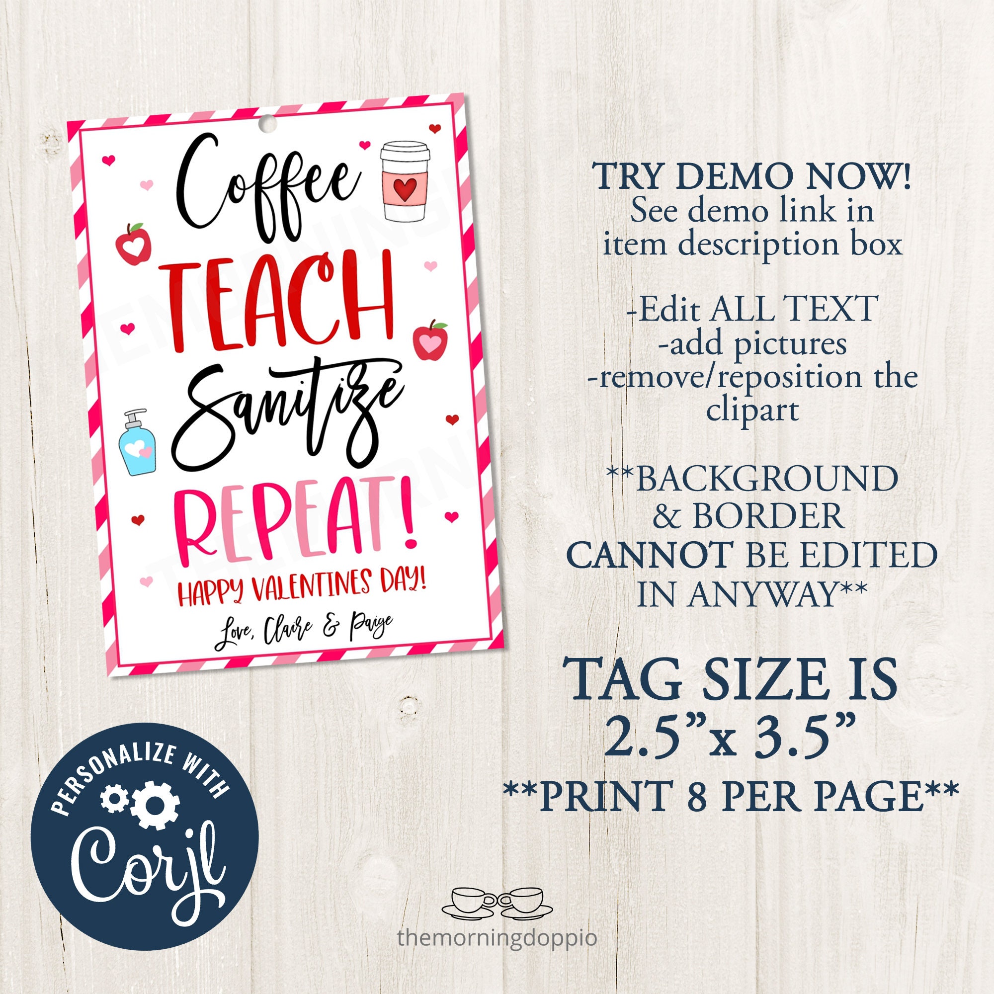 Printable/editable Coffee Teach Sanitize Repeat Valentines Gift Tag ...