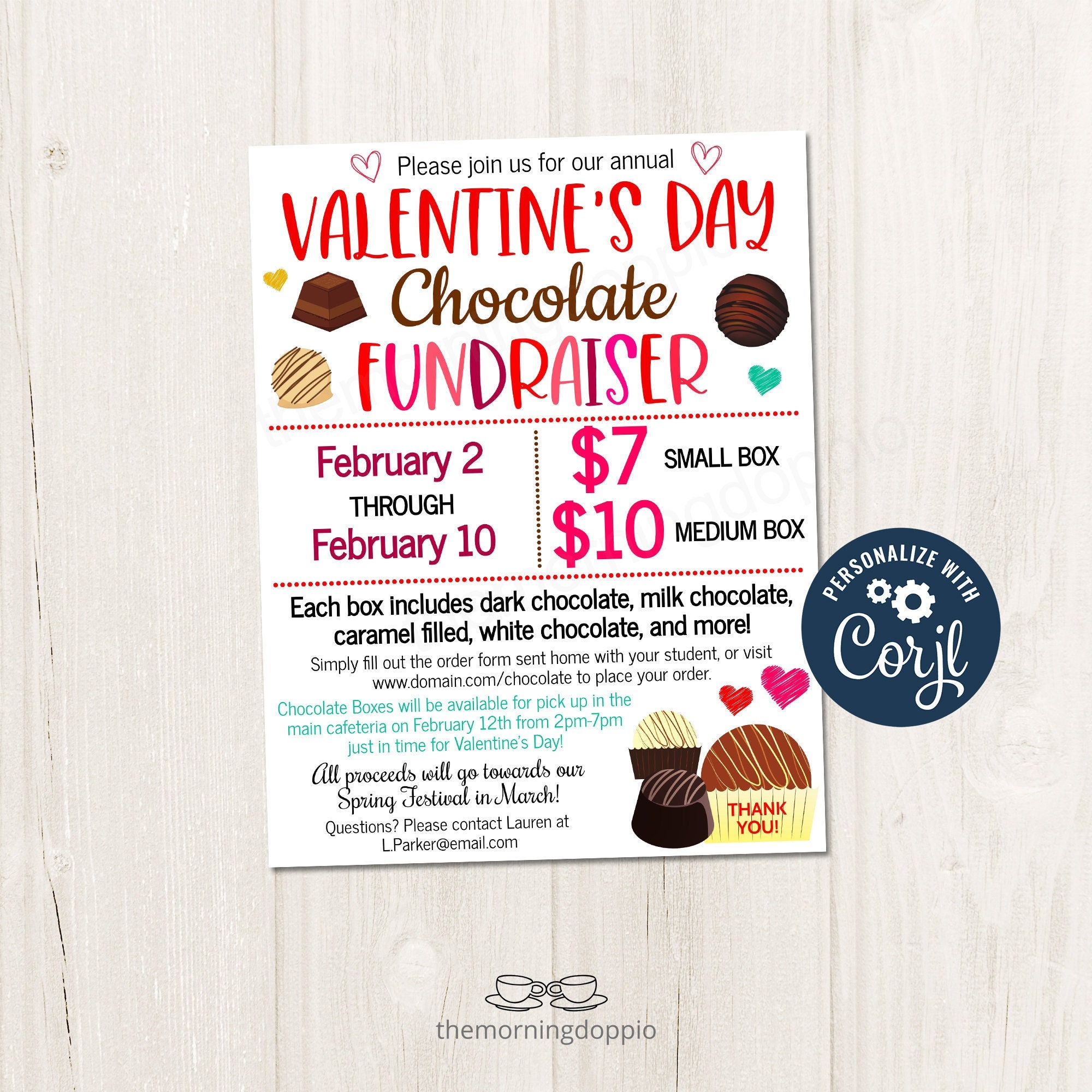 Valentine's Day Chocolate Box Fundraiser Flyer, Printable Editable Flyer Invitation for Schools PTO PTA Church Donations, CORJL Template