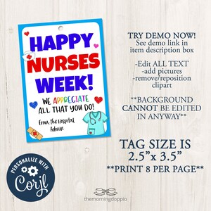 Printable/editable Happy Nurses Week Appreciation Tag for Nurse Doctor ...