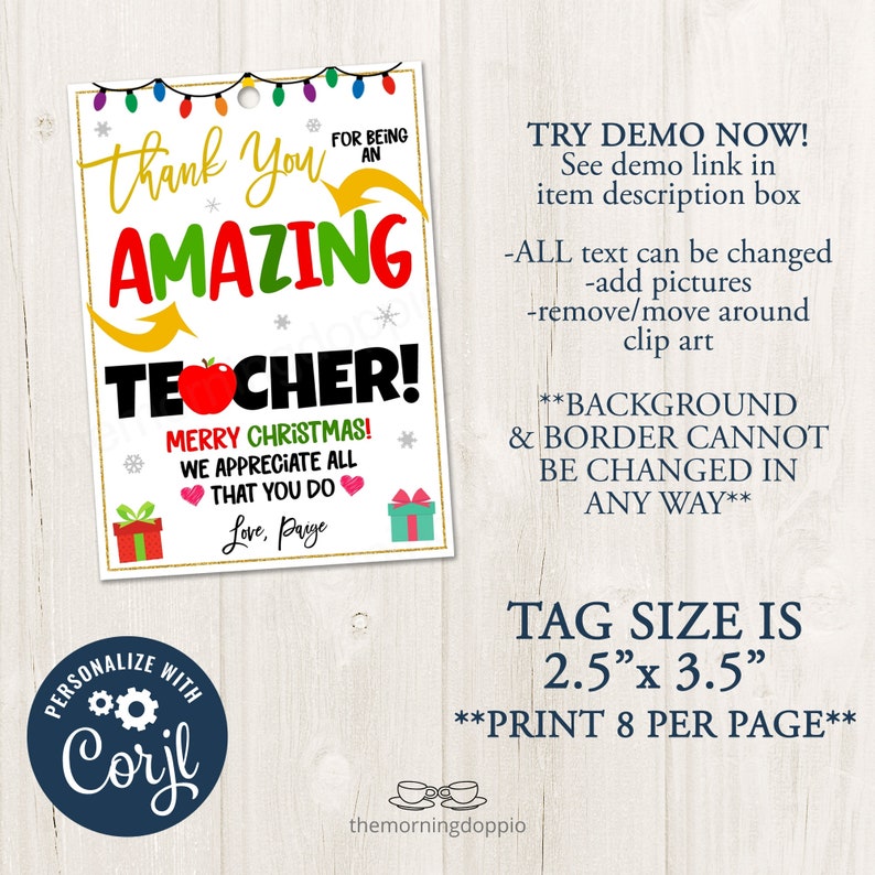 Printable/editable Amazing Teacher Christmas Gift Tag Happy - Etsy